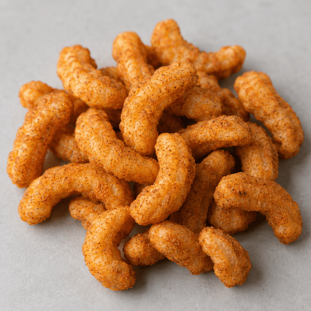 Small, irregularly curved, ridged corn puffs sit scattered together, their surfaces coated in a dusty orange-brown seasoning.