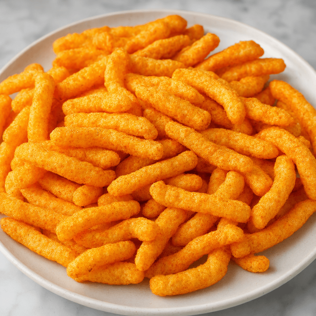 Bright orange, elongated, slightly curved corn snacks with a rough, ridged surface are piled loosely on a plain plate, their coating appearing powdery and speckled.