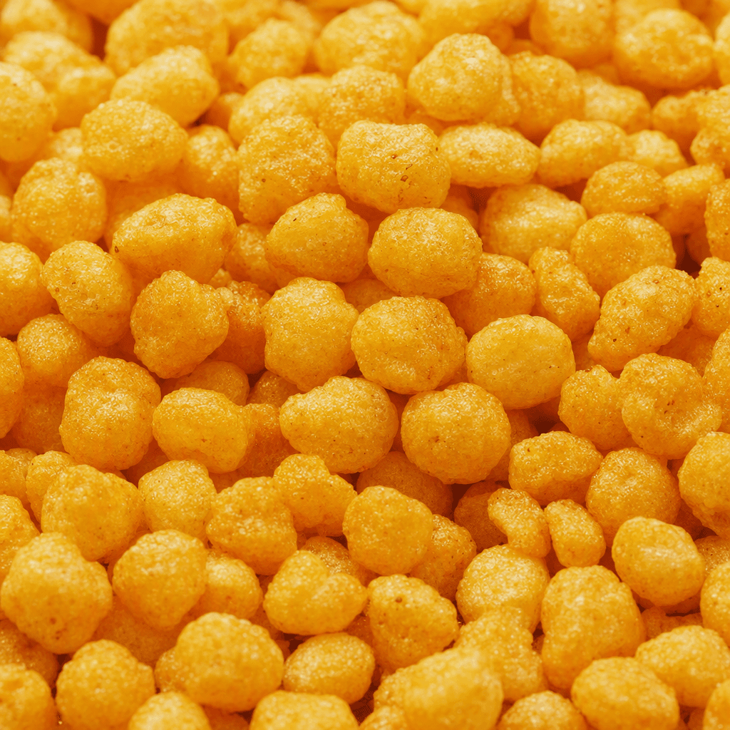 Small, irregularly round orange-yellow corn puffs with a rough, bubbled surface are piled together.