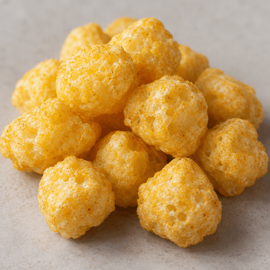 A small pile of bite-sized, puffed corn pieces, roughly round and slightly irregular, with a crisp-looking porous surface and a pale golden-yellow coating.