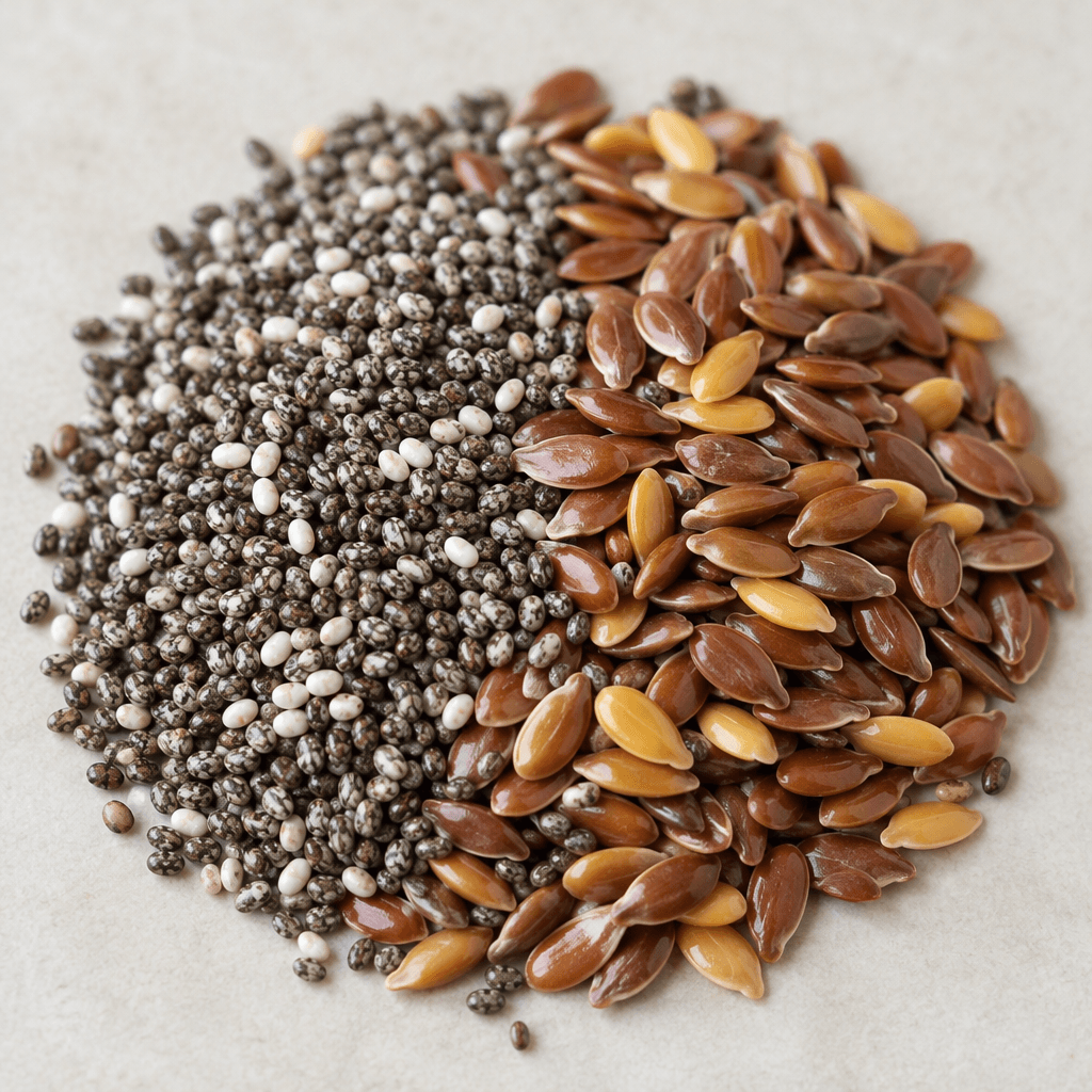 Tiny oval chia seeds, mottled black, gray, and white, sit beside larger, flat, glossy flaxseeds in reddish-brown and golden shades.