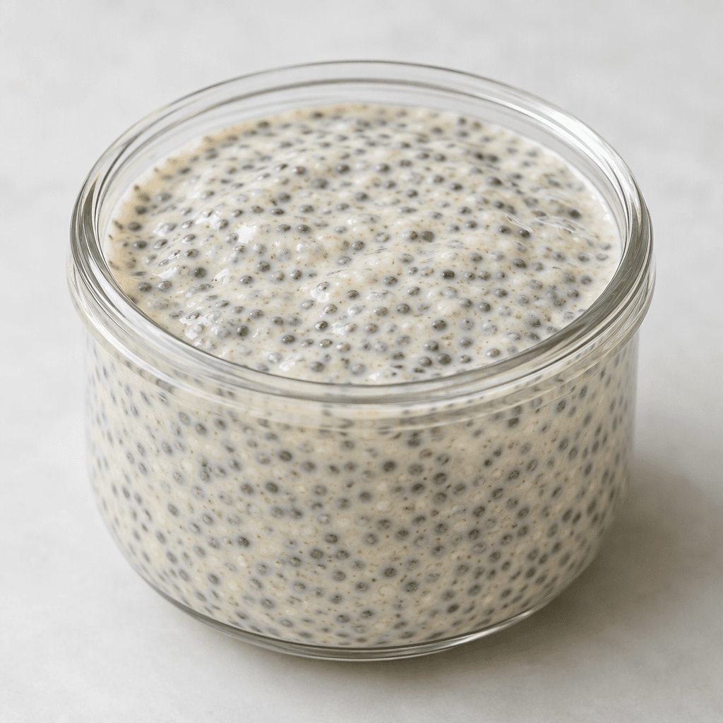 A thick, spoonable, pale cream-colored pudding densely speckled with tiny black and gray chia seeds, served in a clear glass jar or bowl with a smooth, slightly gelatinous surface.