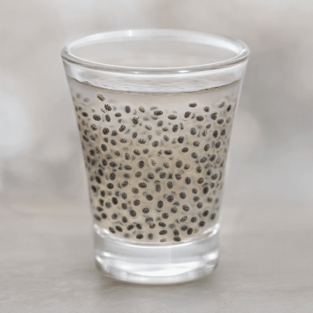 A small clear glass holds a pale, translucent drink with tiny dark chia seeds suspended throughout, each seed surrounded by a faint gel-like coating.