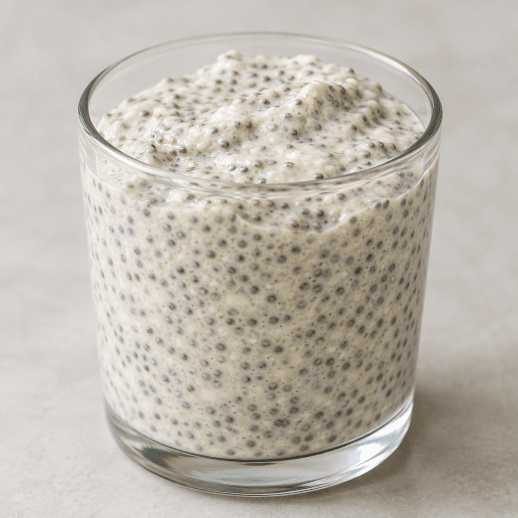 A thick, spoonable pale cream pudding densely speckled with tiny black chia seeds, served in a clear glass with a slightly uneven surface.