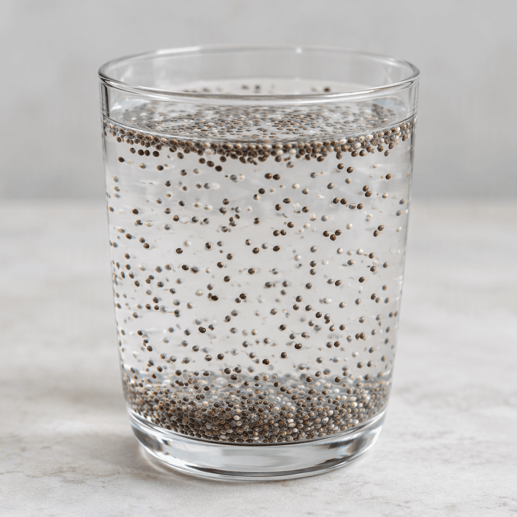 A clear glass holds nearly transparent water with numerous tiny black-and-white chia seeds suspended throughout, some floating at the surface and others settled near the bottom.