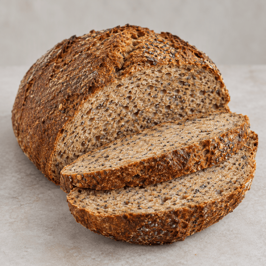 A thick, rustic loaf of whole wheat bread with a deep brown crust, an irregular oval shape, and a dense tan crumb flecked with visible chia seeds, sliced into sturdy pieces and arranged on a simple surface.