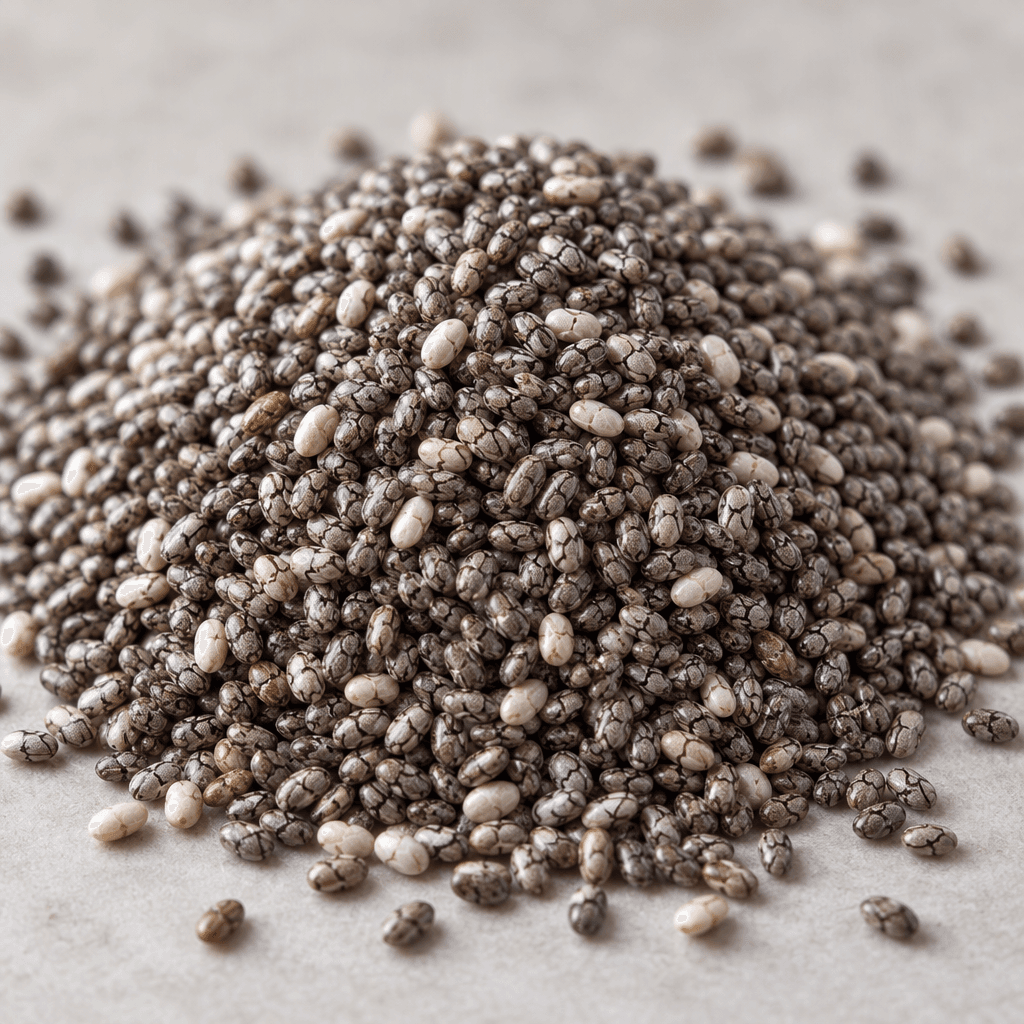 Siyah, gri ve fildişi tonlarında benekli, minik oval chia tohumları kuru ve taneli bir yığın hâlinde duruyor.