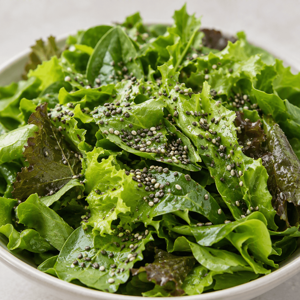 Taze yeşil salata yapraklarının üzerine siyah, gri ve fildişi tonlarında minik oval chia tohumları serpilmiş.