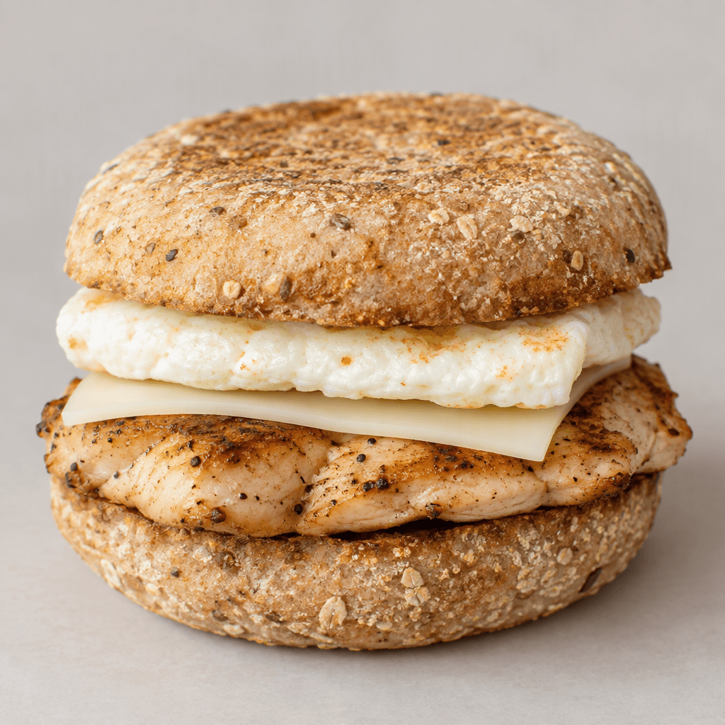 A toasted, round multigrain English muffin holds a browned grilled chicken breast, a folded white egg patty, and a pale slice of cheese, with the layers visible between its lightly crisp, grain-speckled halves.