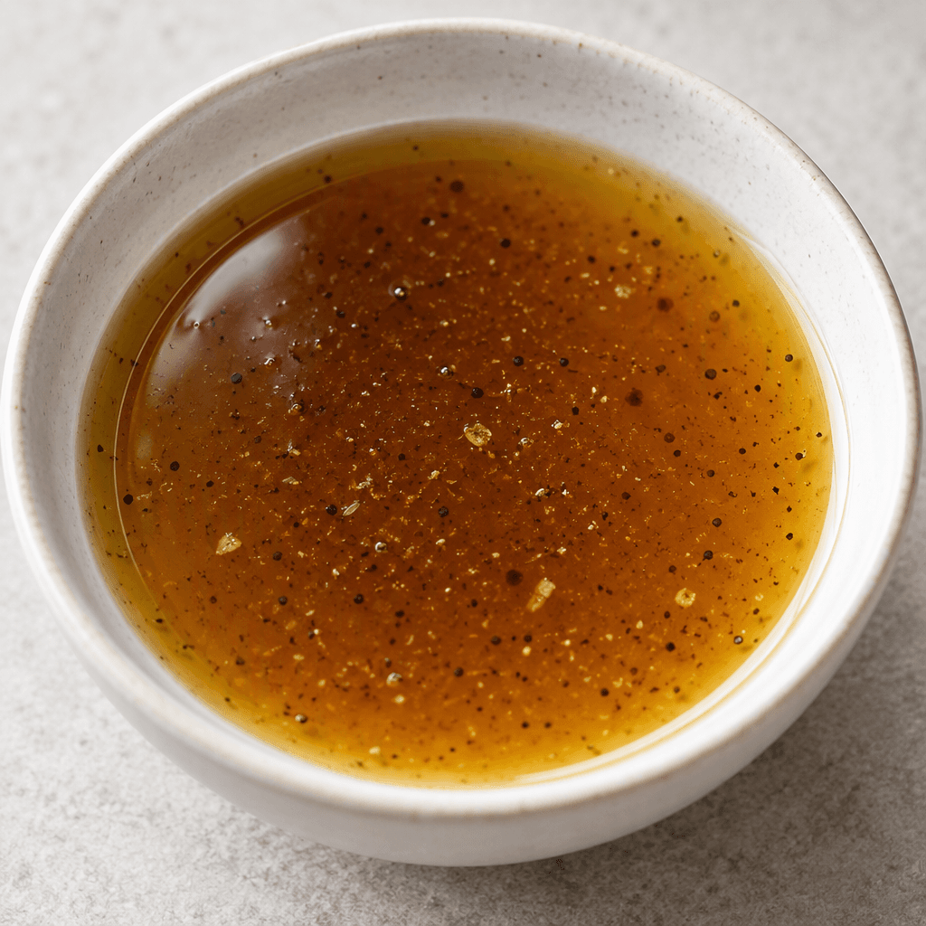 A thin, glossy, translucent amber-brown vinaigrette with a few tiny suspended specks, gathered in a shallow pool.