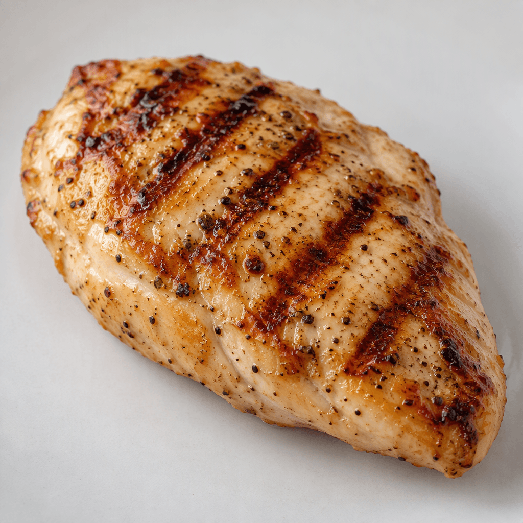A small, boneless chicken breast fillet with a lightly browned surface, darker parallel grill marks, and a gently uneven oval shape, served on its own.