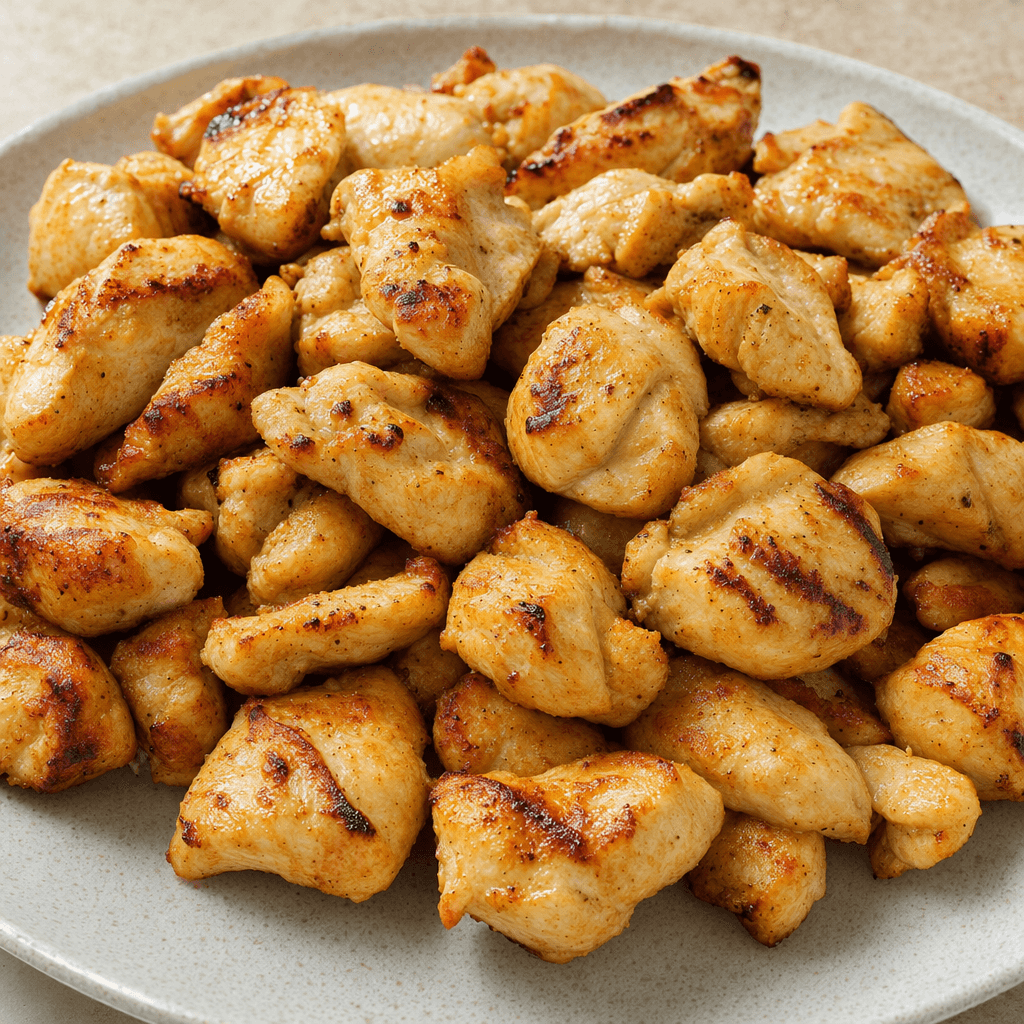 Small, irregular bite-sized pieces of chicken with a pale golden-brown surface, faint darker grill marks, and a lightly textured finish, arranged on a plate.