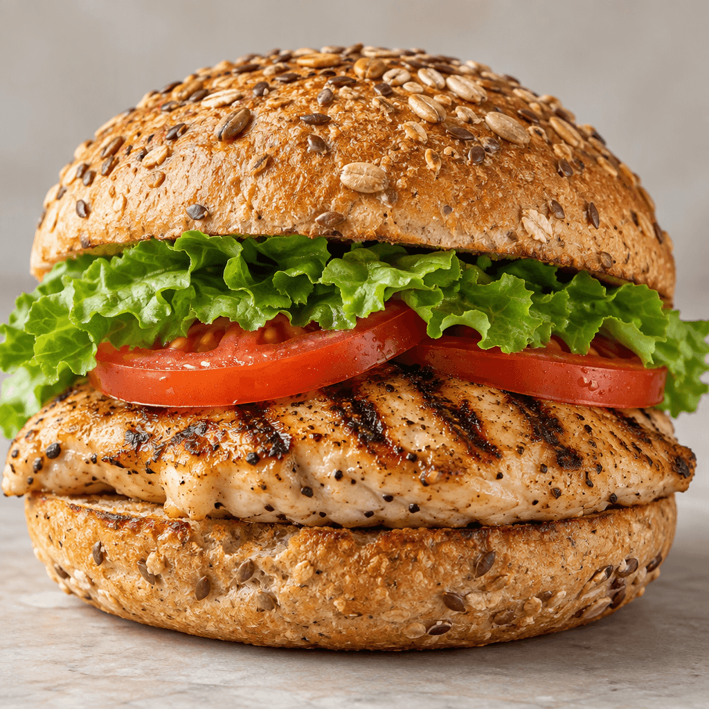 A grilled chicken breast with dark brown grill marks, green leaf lettuce, and red tomato slices sits inside a lightly toasted, golden-brown multigrain bun, with the filling visible between the halves.