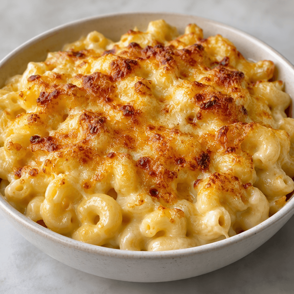 Small curved pasta pieces are coated in a creamy pale-yellow cheese sauce and topped with an uneven layer of golden-brown melted cheese, served in a shallow bowl.