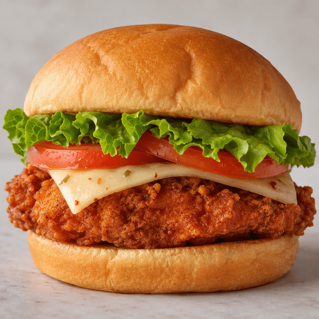 A spicy chicken sandwich sits between a lightly toasted, golden-brown bun, with a craggy reddish-golden breaded chicken fillet, a slice of pale cheese flecked with small peppers, crisp green lettuce, and round red tomato slices visible beneath the top bun.