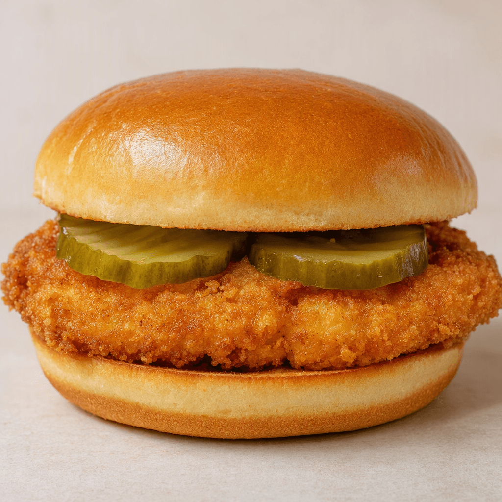 A golden-brown, crisp-coated chicken breast fillet with two green pickle slices sits inside a soft, lightly toasted round bun.
