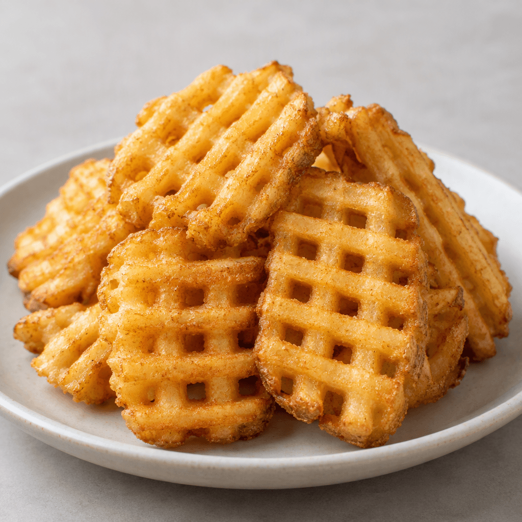 A small pile of thick, golden fries with square lattice openings, deeply ridged edges, and a lightly uneven, crisp-looking surface sits on a serving dish.