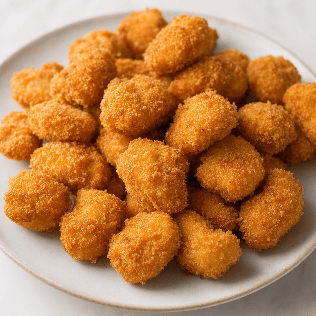 Small, bite-sized chicken nuggets with irregular rounded shapes, covered in a coarse, crisp-looking golden-brown crumb coating and arranged on a plate.