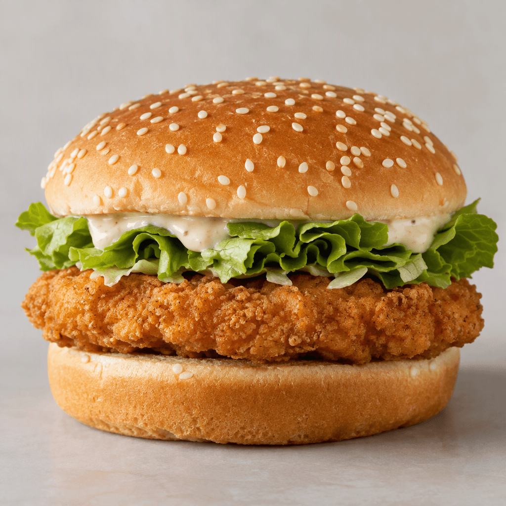 A chicken burger with a soft, golden sesame-seed bun, a thick golden-brown breaded chicken fillet, crisp green lettuce and a layer of pale creamy sauce.