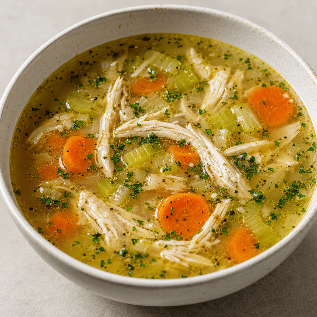 A bowl of clear golden chicken broth with visible shredded chicken, small orange carrot pieces, pale celery slices, and green herbs floating on the surface.