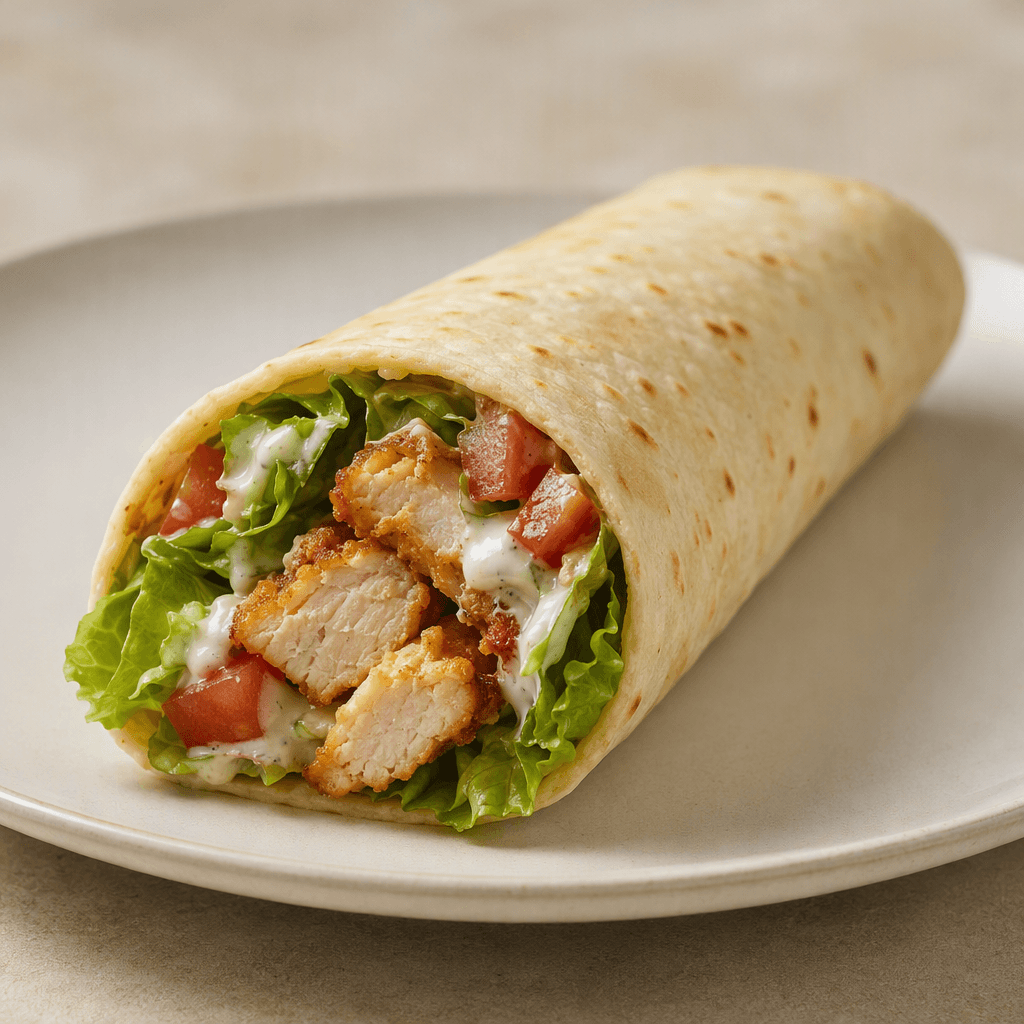 Yumuşak, açık altın renkli bir tortilla; görünen tavuk şeritleri, çıtır yeşil marul, kırmızı domates parçaları ve beyaz kremalı sosu sararak kısa bir silindir oluşturur, bir ucu hafifçe açık şekilde sade bir tabakta sunulur.