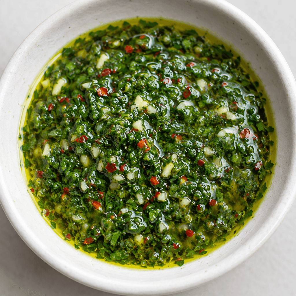 A loose, glossy green sauce made of finely chopped herbs with tiny pale bits and scattered red flecks, gathered in a shallow pool.