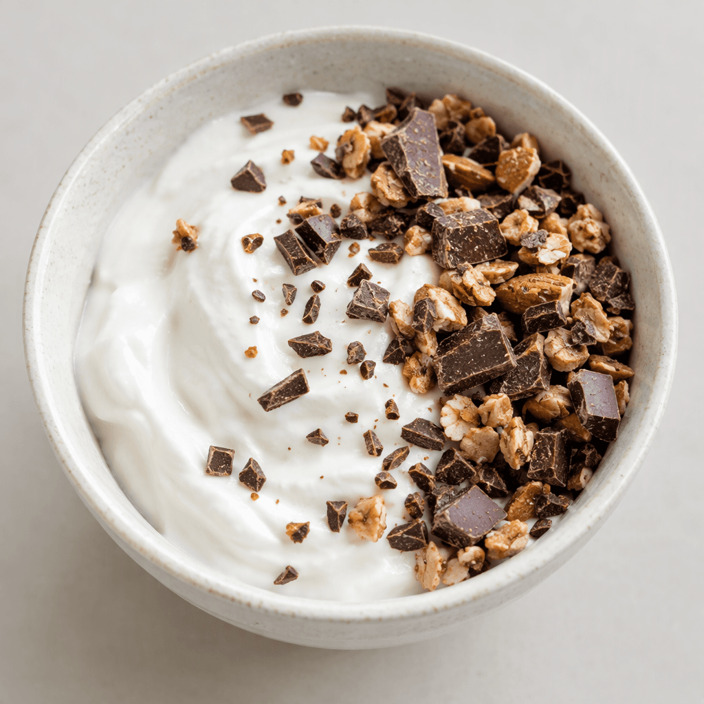 Thick, creamy white yogurt sits beside a topping of small dark-brown chocolate pieces and crunchy-looking bits, with a few pieces scattered over the surface.