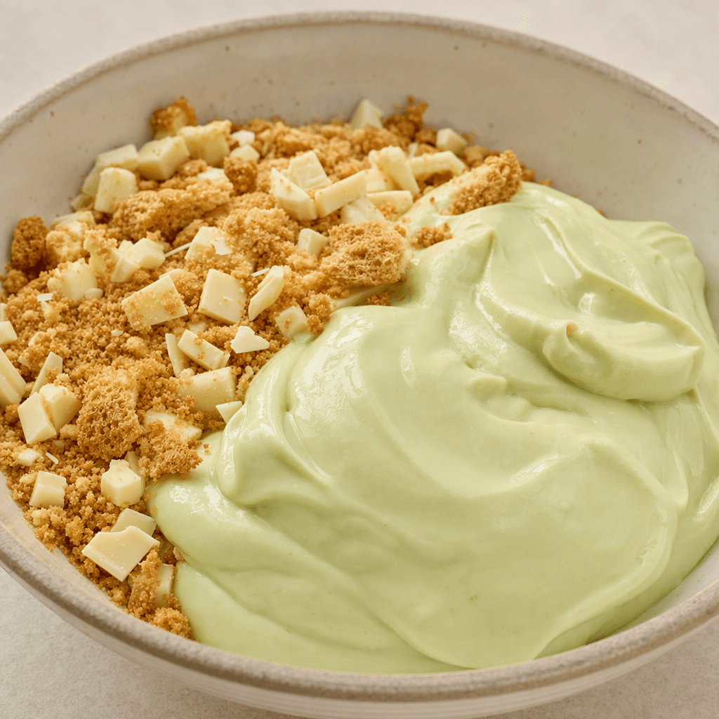 Pale green, thick and creamy yogurt sits beside golden-brown graham-cracker crumbs and small white chocolate pieces.