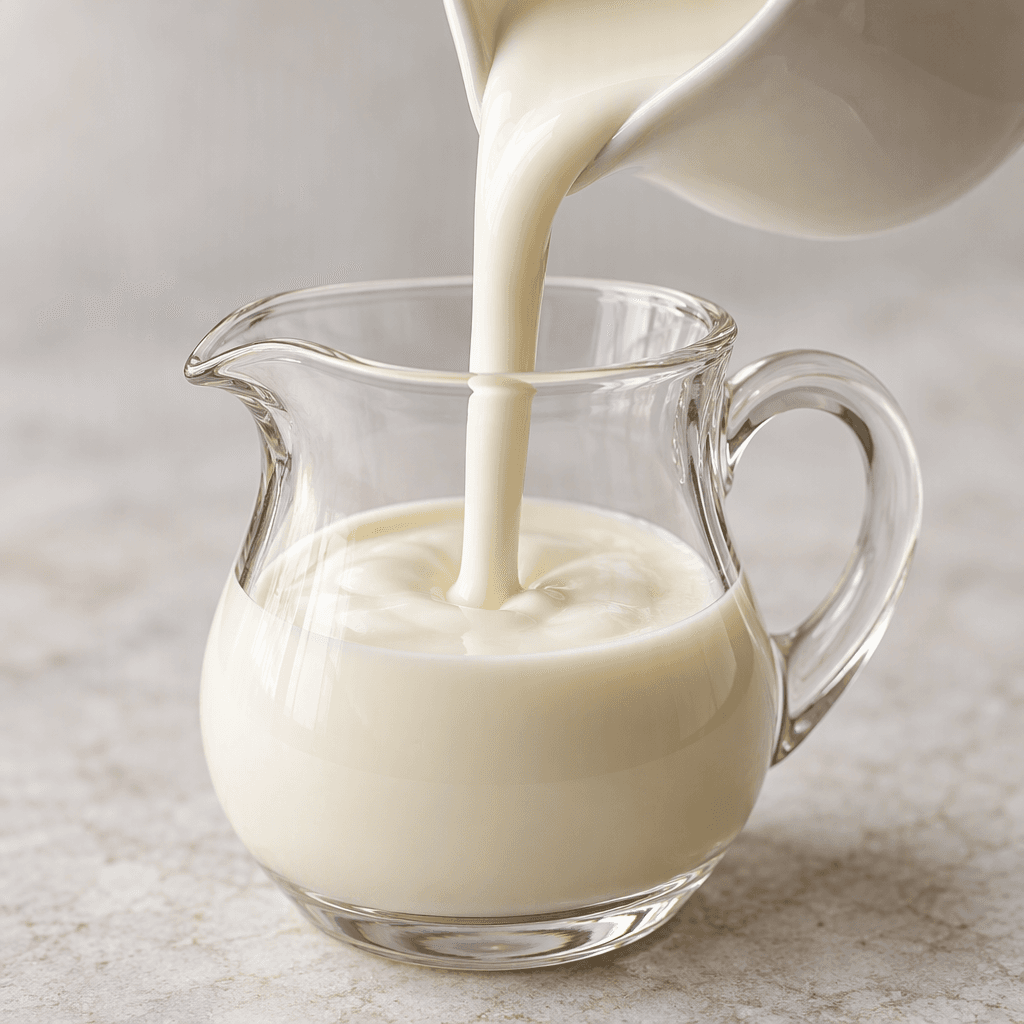 A smooth, opaque ivory-colored creamer pours in a glossy, thick ribbon into a small clear glass pitcher.