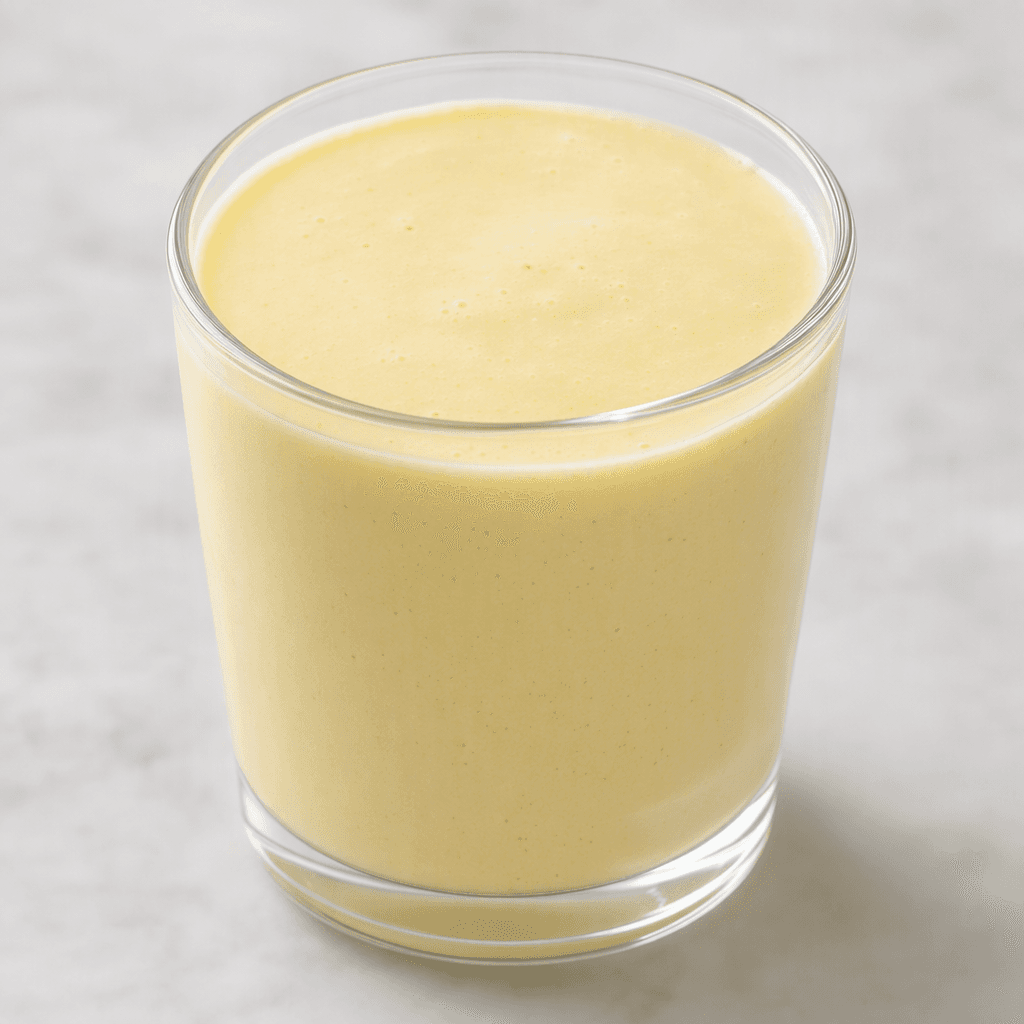 A smooth, opaque, pale cream-colored drink sits in a clear glass, with a slightly thick, even consistency and no visible pieces.