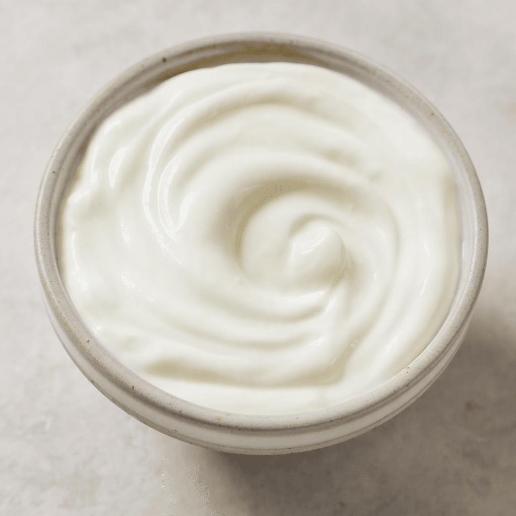 Thick, smooth, glossy white yogurt sits in a small bowl, with a softly swirled surface.