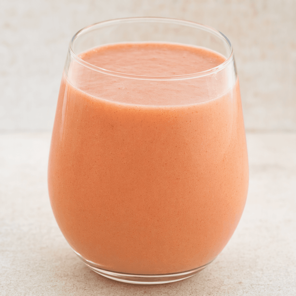 A smooth, opaque pale coral-pink drink with a creamy, uniform texture, served in a clear glass.