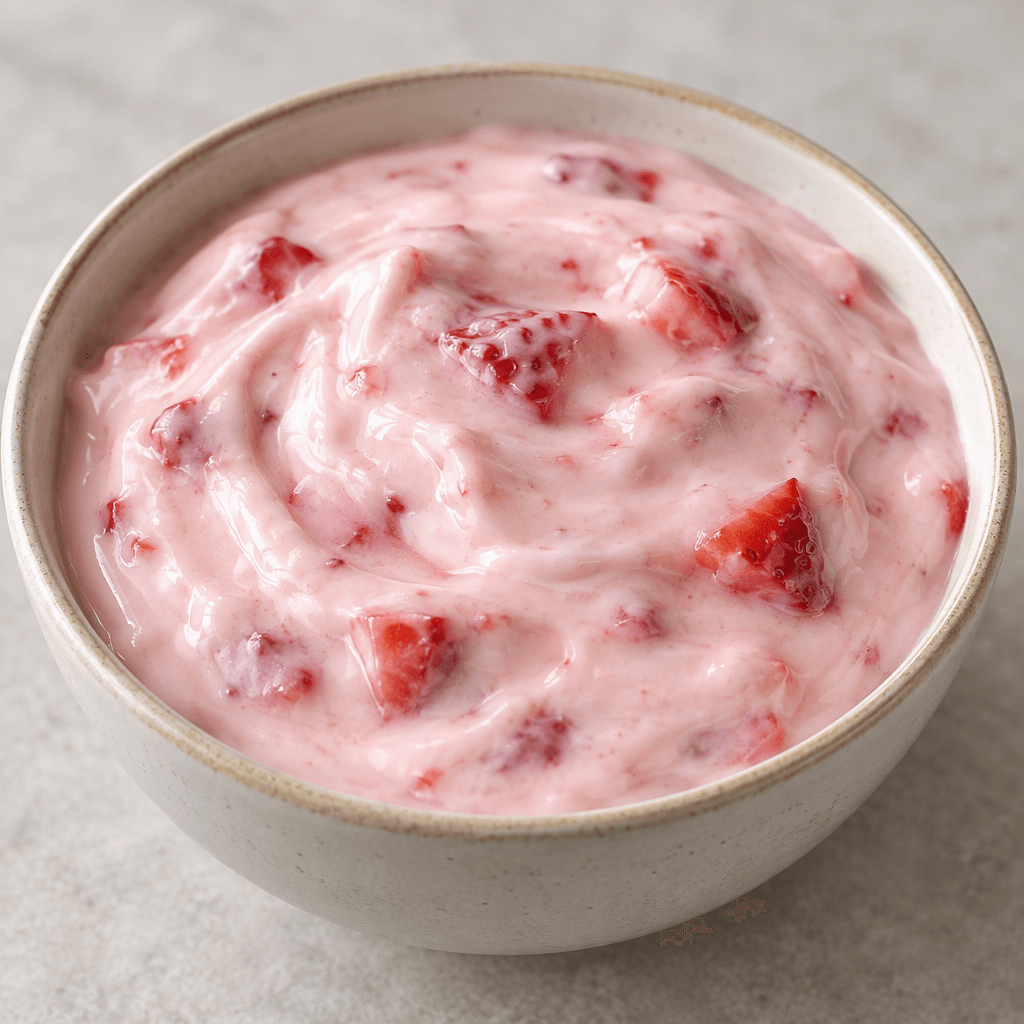 A thick, smooth, pale pink yogurt with small red strawberry pieces, served in a simple bowl.