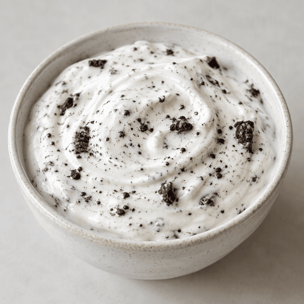 Thick, smooth white yogurt is dotted throughout with fine dark cookie crumbs and a few larger flecks.