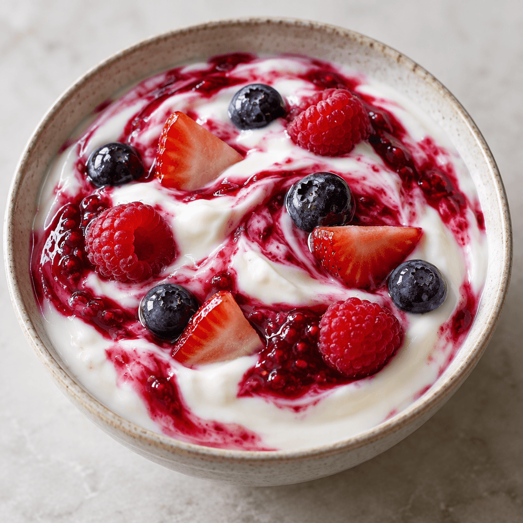 Thick, smooth white yogurt is swirled with brightly colored fruit purée and dotted with small pieces of fruit.