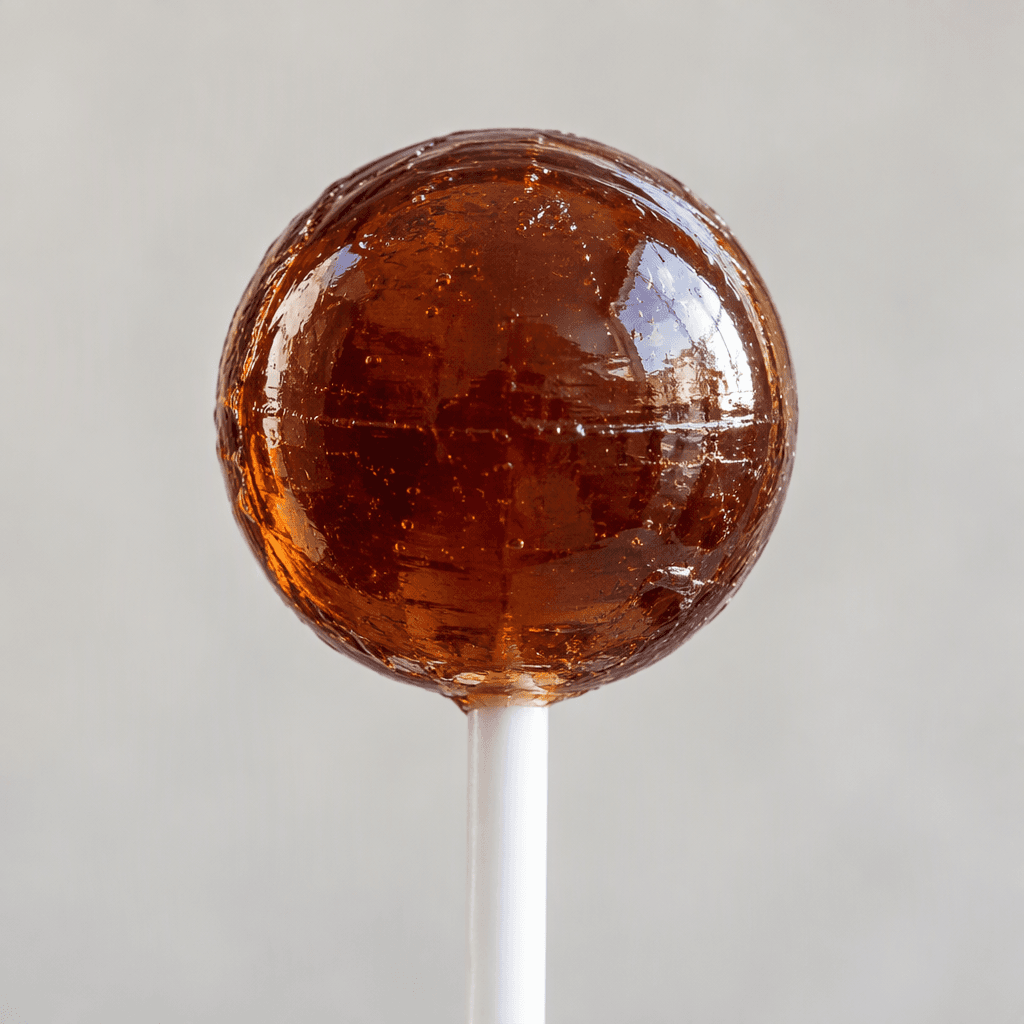 A glossy, round, cola-brown lollipop on a thin white stick, with a smooth, hard surface and no visible decoration.