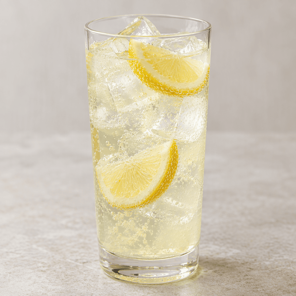 A clear, pale yellow, effervescent drink made with sparkling mineral water, lemon juice and a visible pinch of salt, served over ice in a tall transparent glass with lemon wedges.