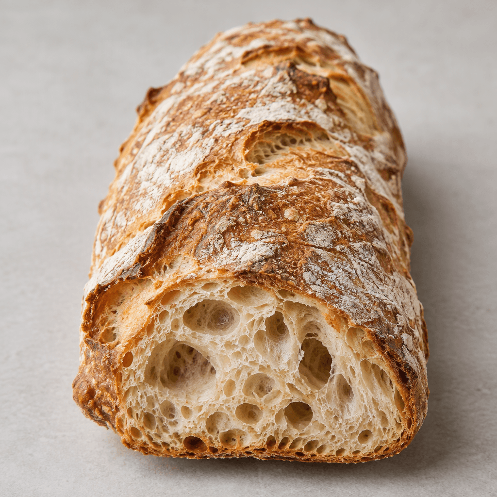 An elongated, irregularly shaped loaf with a flour-dusted, golden-brown crust, a rustic ridged surface, and a pale cream interior visible through several large, uneven air pockets in the open crumb.