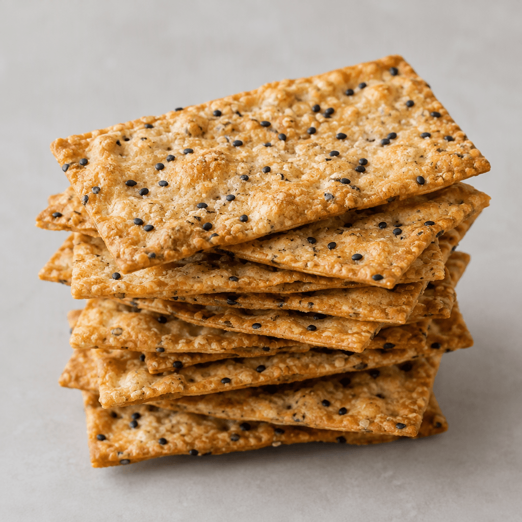 Thin, golden-brown rectangular crackers with a lightly bubbled, crisp-looking surface dotted with small black seeds.