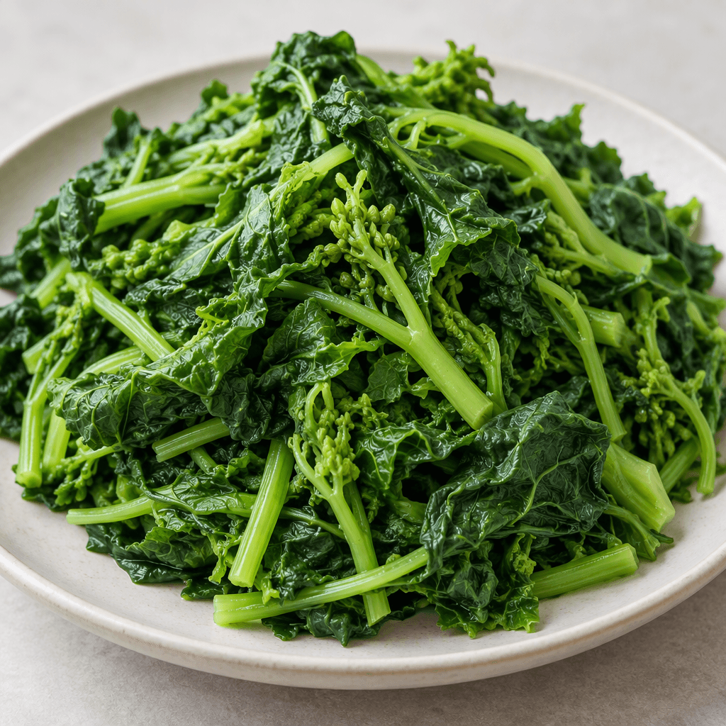 Tender cibes greens with thick, pale-green stems and soft, crinkled dark-green leaves are piled on a plate.
