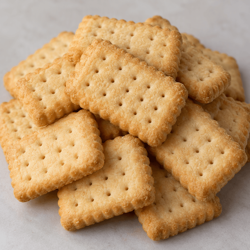 Small, pale golden-brown biscuits are shaped like rounded rectangles, with gently ridged edges and tiny perforations across their lightly textured tops.