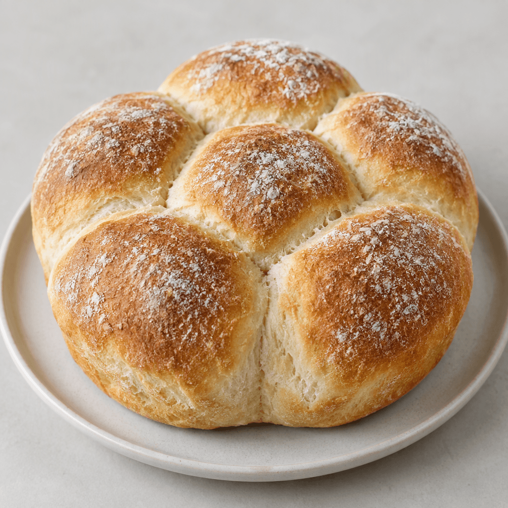 A golden-brown loaf made of several round bread rolls joined in a flower shape, with a softly crisp crust, pale tearable sides, and a lightly floured surface, served whole on a plate.