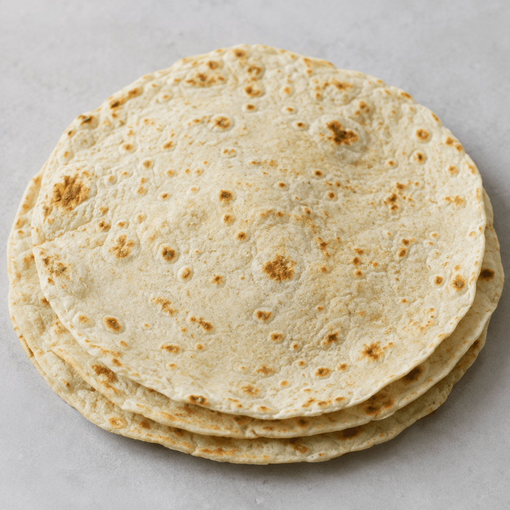 A thin, round, soft flatbread in a pale cream colour, with scattered light golden-brown toasted spots and slightly uneven edges, shown singly or stacked with a few tortillas partially overlapping.