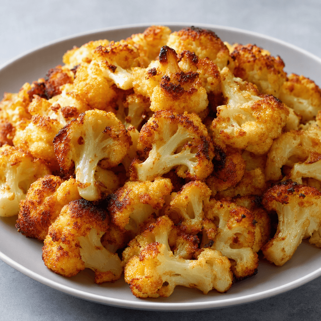 Golden-brown cauliflower florets with crisp, unevenly browned edges and pale interiors are piled on a plate.