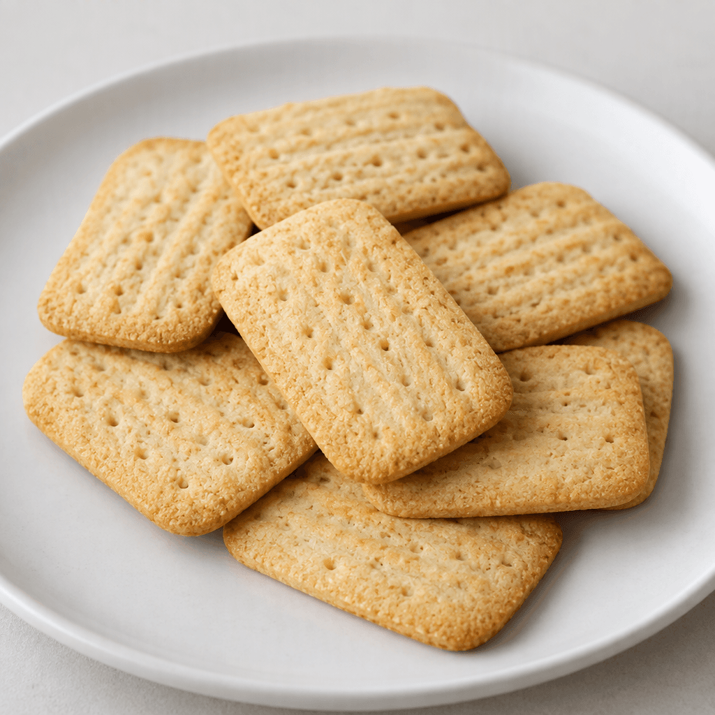 Several small, thin, pale golden-beige biscuits with rounded rectangular edges, a lightly porous crumb, and subtle embossed dots and ridges on their surfaces are arranged on a plain plate.