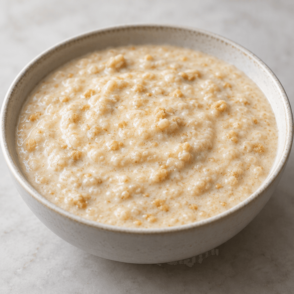 A shallow bowl holds thick, pale beige milk porridge made from softened biscuit crumbs, with a creamy surface and a few tiny lumps.