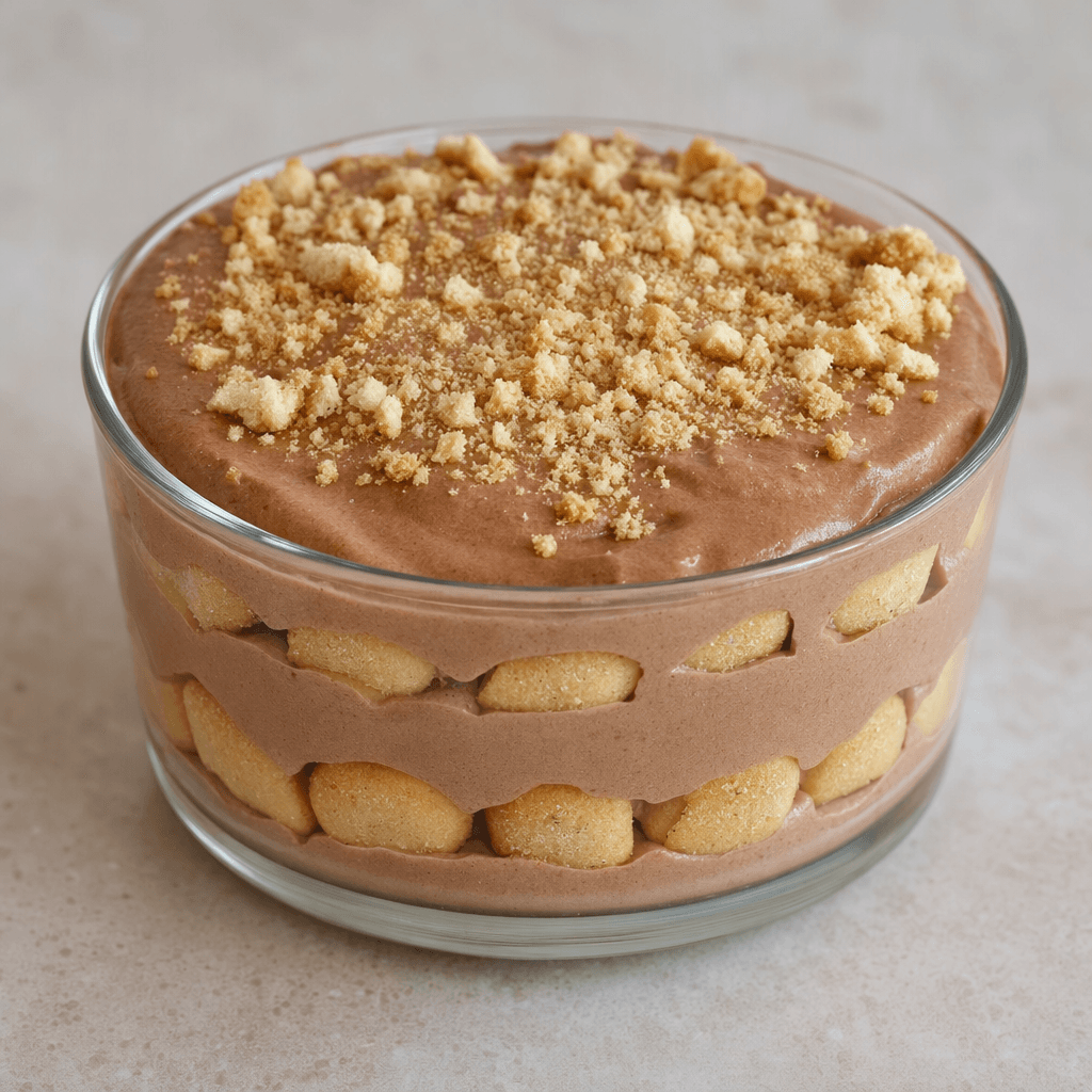 A chilled dessert served in a clear glass dish, with pale golden baby biscuits layered between smooth chocolate-brown cream and topped with a scattering of biscuit crumbs.