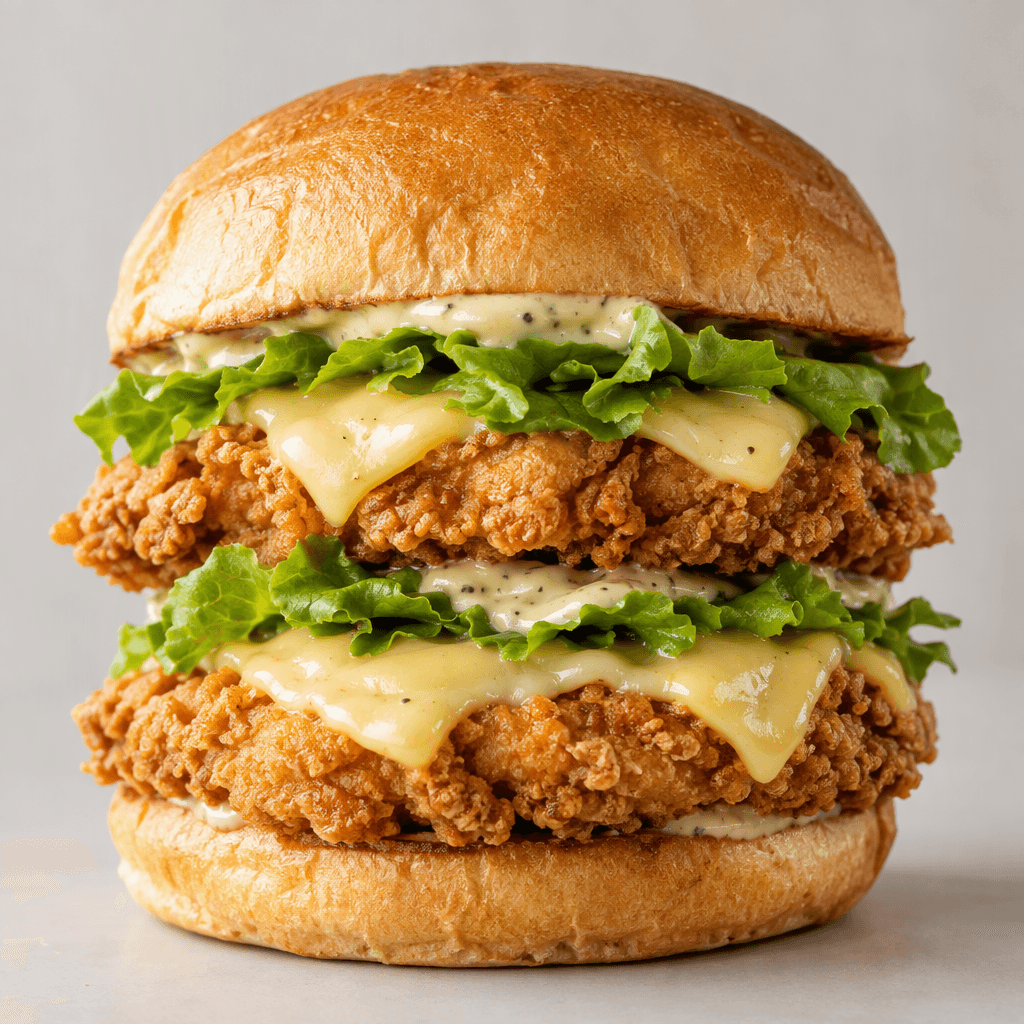A tall burger in a soft, lightly toasted bun, layered with two golden, craggy crispy chicken fillets, pale yellow melted cheese, green lettuce and creamy sauce, with the fillings visible at the sides.