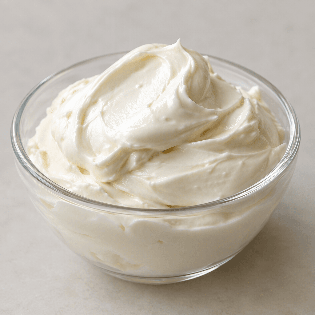 Thick, smooth and glossy ivory-white cream with a dense, spoonable texture, piled softly in a small clear bowl.