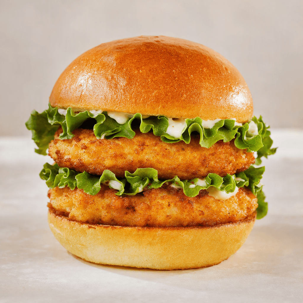 Yuvarlak burger ekmeğinin arasında üst üste duran iki altın sarısı tavuk köftesi, kıvrımlı yeşil marul yaprakları ve az miktarda açık renkli sos görünür.